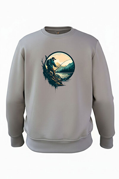 WİDİ Φούτερ για ψάρεμα και φύση με καλάμι ψαρέματος με τύπωμα Regular Fit 3 Thread Ş επένδυση fleece 100% βαμβακερό φούτερ