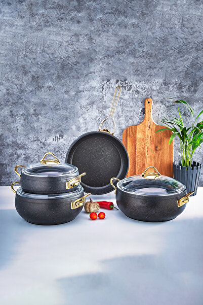 PoloChef طقم أواني طهي ومقالي ميجا جرانيت 7 قطع أسود