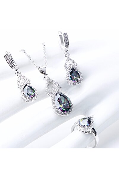 OEM Elegant 925 Silver-Plated Jewelry Set with Multicolor Zirconia Crystals