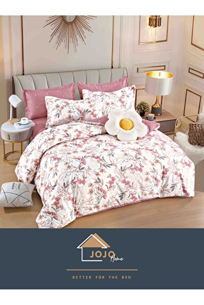 JOJO HOME Bed linen set, fine cotton, with elastic, 6 pieces, 180x200cm, Pink/White with flowers