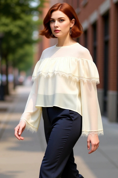 PayBuy Women's Chiffon Detailed Crew Neck Long Sleeve Plus Size Blouse Quality Stylish Comfortable Modern