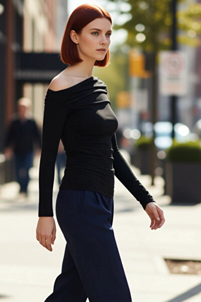 PayBuy Bluză pentru femei, burgundă, cu guler asimetric, detaliu încrețit cu ...