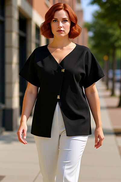 PayBuy ملابس نسائية محبوكة بأكمام قصيرة وياقة على شكل حرف V وأزرار غير متماثل...