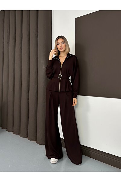 LE CARAMBOLE Women's Brown Belt Detailed Zippered Mock Neck Bottom Top Set