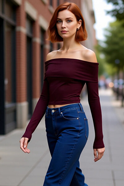 PayBuy بلوزة نسائية بياقة كارمن من الفسكوز المضلع بأكمام منخفضة وتفاصيل مميزة للاستخدام اليومي غير الرسمي باللون الرمادي