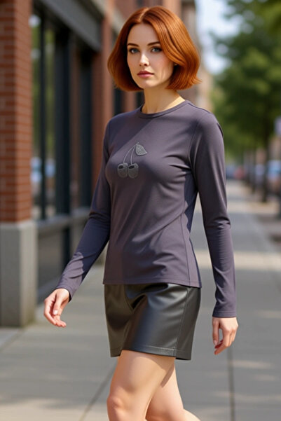 PayBuy Top pentru femei guler rotund cu mânecă lungă, mulat din bumbac, broda...