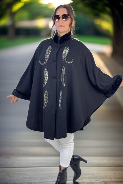 yagmurberen Buttoned Sleeves and Collar with Fur Detail, Sequin Embroidered, Extra Large Size, Steel Knitted Poncho Jacket