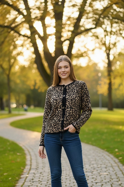 Marvine Women's Leopard Pattern Buttoned Knitwear Cardigan