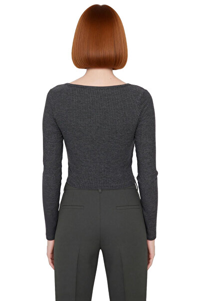 PayBuy Women's Fitted Square Neck Half Placket Button Long Sleeve Crop Knitted Blouse Modern and Stylish for Winter Season