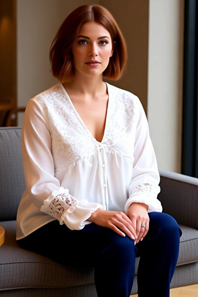 PayBuy Plus Size V-Neck Balloon Sleeve Detailed Lace Woven Women's Blouse Quality Stylish Comfortable Modern Elegant