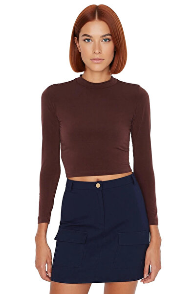 PayBuy Women's Burgundy Mock Neck Fitted, Stretchy Knitted Blouse, Long Sleeve, Gathered Detail, Daily Use