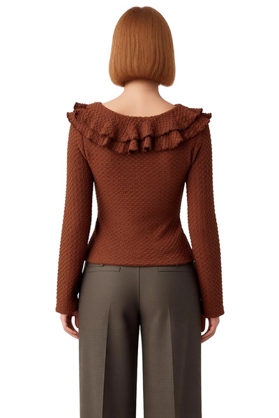 PayBuy Women's Seersucker Textured Ruffle Detailed Fitted Long Sleeve Knitted Quality Stylish Comfortable