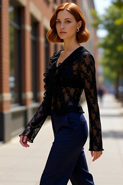 PayBuy Women's V-Neck Tie Detail Long Sleeve Stretchy Knitted Blouse Quality Stylish Comfortable Modern Elegant