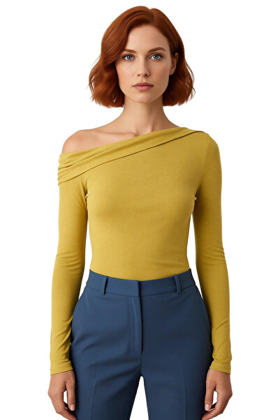 PayBuy Women's Asymmetrical Neckline Gathered Bodycon Long Sleeve Knitted Quality Stylish Comfortable Modern Elegant