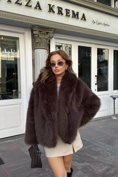 BERİ BUTİK Γυναικείο καφέ παλτό από ψεύτικη γούνα Premium
