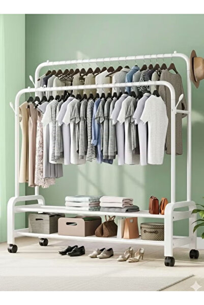 Cady One Metal Clothes Hanger Organizer and White Clothes Rack with Wheels 110x55x150 cm