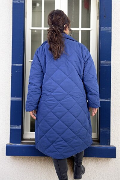 yagmurberen Belted Lining Double-Breasted Closing Large Size Quilted Long Coat