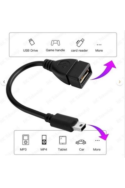 Bolsat V3 Kablo 5 Pin Mini Usb Erkek Usb Dişi Aparat Oto Teyp Flash Bellek Mini Usb Otg Dönüştürücü Siyah