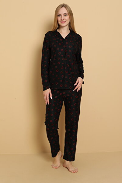 STELLAPİNK Süet Siyah Yıldız Desenli Düğmeli Uzun Kollu Pijama Takımı