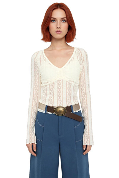 PayBuy Women's V-Neck Gathered Spanish Sleeve Lace Knitted Quality Stylish Comfortable Modern Elegant Casual