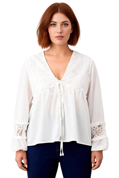 PayBuy Plus Size V-Neck Balloon Sleeve Detailed Lace Woven Women's Blouse Quality Stylish Comfortable Modern Elegant