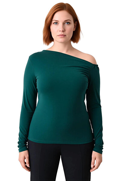 PayBuy Women's Asymmetrical Neckline Shirred Sandy Woven Polyester Blouse Suitable for Daily Wear Long Sleeve