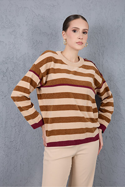 Moda Days Women's Cream-Tan Striped Chenille Velvet Crew Neck Knit Sweater with Button Detail on the Shoulder