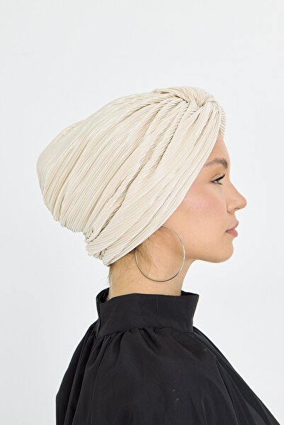 HÜRREM BONE Beige Crossed Gathered Hijab Bonnet Fukuro Pleated 2512_12