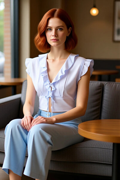 PayBuy Bluză țesătă cu mânecă scurtă, cu decolteu în V, cu detaliu de șireturi, de calitate, elegantă, confortabilă, modernă, elegantă, zilnică