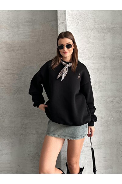 FERZOLAİO Fularlı Siyah Sweatshirt