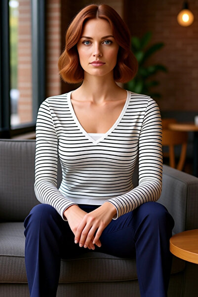 PayBuy Women's V-Neck Striped Fitted Long Sleeve Cotton Ribbed Knit Blouse Quality Stylish Comfortable Modern Elegant