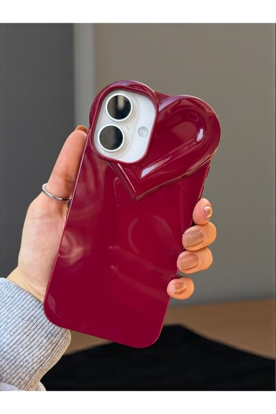 KVK PRİVACY iPhone 16 Uyumlu 3D Kalp Tasarımlı Bordo Parlak Silikon Yumuşak K...