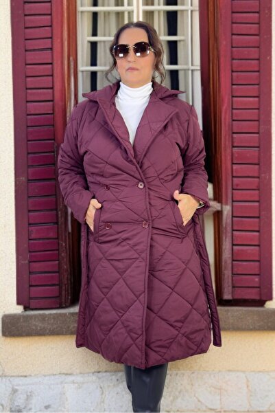 yagmurberen Belted Lining Double-Breasted Closing Large Size Quilted Long Coat