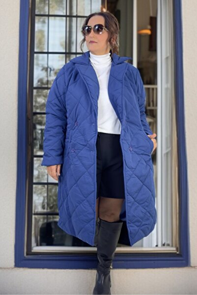 yagmurberen Belted Lining Double-Breasted Closing Large Size Quilted Long Coat