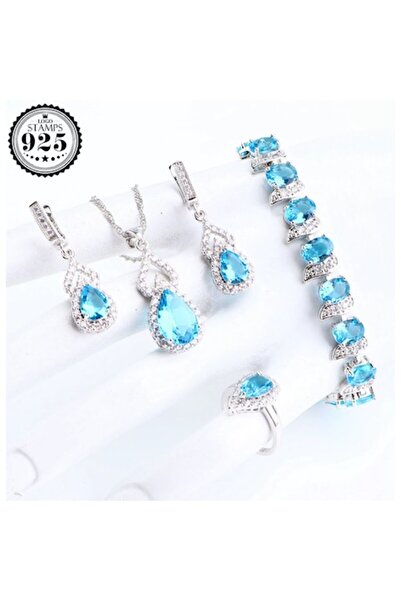 OEM Set elegant de bijuterii placate cu argint 925 cu cristale de zirconiu albastru-turcoaz
