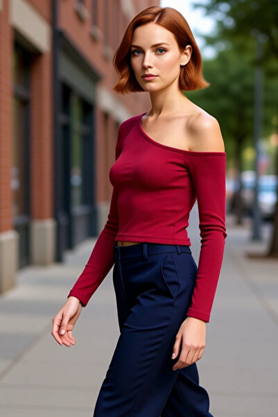 PayBuy Women's Asymmetrical Neckline Drop Shoulder Fitted Knitted Blouse Long Sleeve Crop Cut Cool Comfort Style Spring