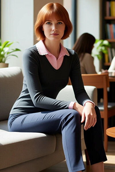 PayBuy Women's Viscose Ribbed Woven Detailed Polo Neck Long Sleeve Blouse Quality Stylish Comfortable Modern Elegant