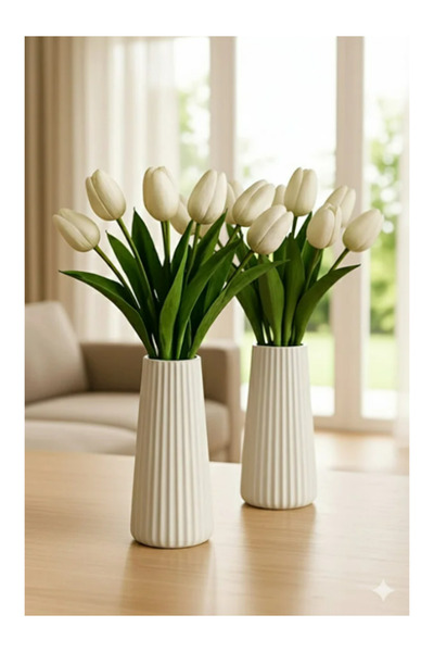 ogish Modern Decoration Stylish White Striped Flower Vase - Minimalist and Elegant Vase Set of 2