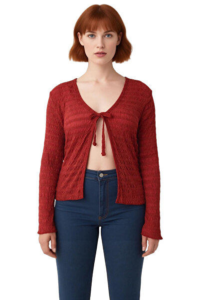 PayBuy Women's Textured V-Neck Lace-Up Long Sleeve Stretchy Knitted Quality Stylish Comfortable Modern Elegant Casual