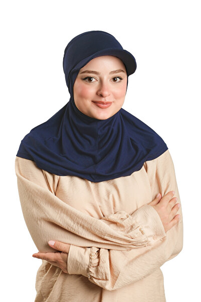 HÜRREM BONE Eșarfă hijab practică, gata de purtat, cu pălărie, albastru bleumarin, viscoză, simplă 2513_02