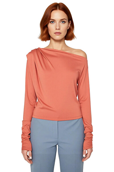 PayBuy Women's Khaki Asymmetrical Neckline Flowy Stretchy Knitted Blouse Stylish and Comfortable Design for Everyday Wear