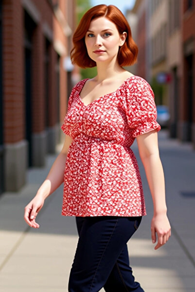 PayBuy قميص نسائي بياقة على شكل قلب وأكمام بالون قصيرة مطبوع محبوك عالي الجود...