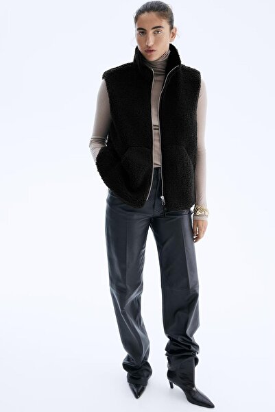 Madmext Black Mock Neck Women's Plush Vest Mg2578