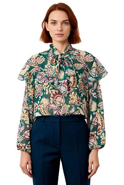 PayBuy Women's Shawl Patterned Scarf Collar Long Sleeve Woven Blouse Quality Stylish Comfortable Modern Elegant Daily