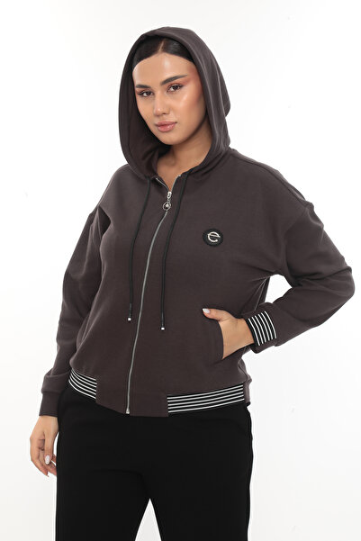EXİTLİNE Women's Winter Zippered Hooded Custom Logo Coffee Sweat Shirt Tracksuit Set