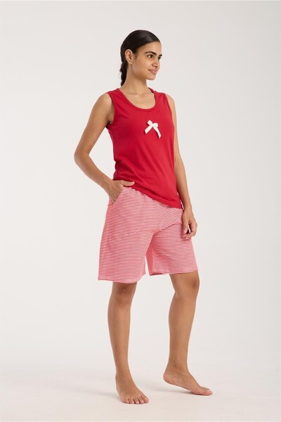Celira Women's Red Ribbon Striped Shorts Pajama Set Nsh0025