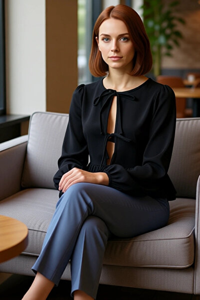 PayBuy Women's Tie Detail Regular Fit Flexible Knitted Blouse Long Sleeve Plain Single Pack Winter