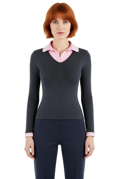 PayBuy Women's Viscose Ribbed Woven Detailed Polo Neck Long Sleeve Blouse Quality Stylish Comfortable Modern Elegant