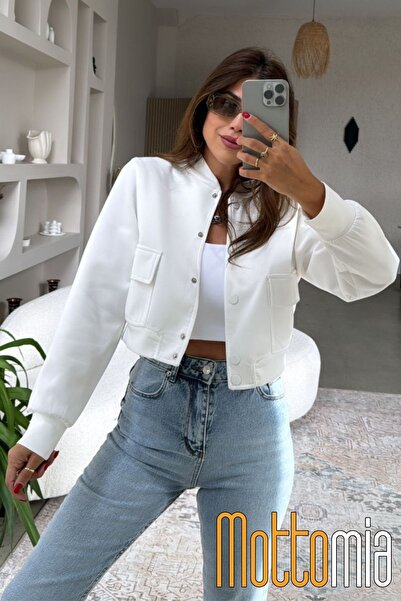 mottomia Scuba Fabric Lined Bomber Jacket with Brass Stainless Snaps Women's Stylish Short Model