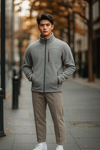 COMBİNE MİCHAİL فليس رمادي فاخر للرجال مع تفاصيل جيب